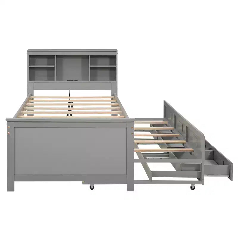 Lit plateforme avec lit gigogne et tiroirs, lit plateforme de rangement avec USB, lit plateforme en bois avec bibliothèque