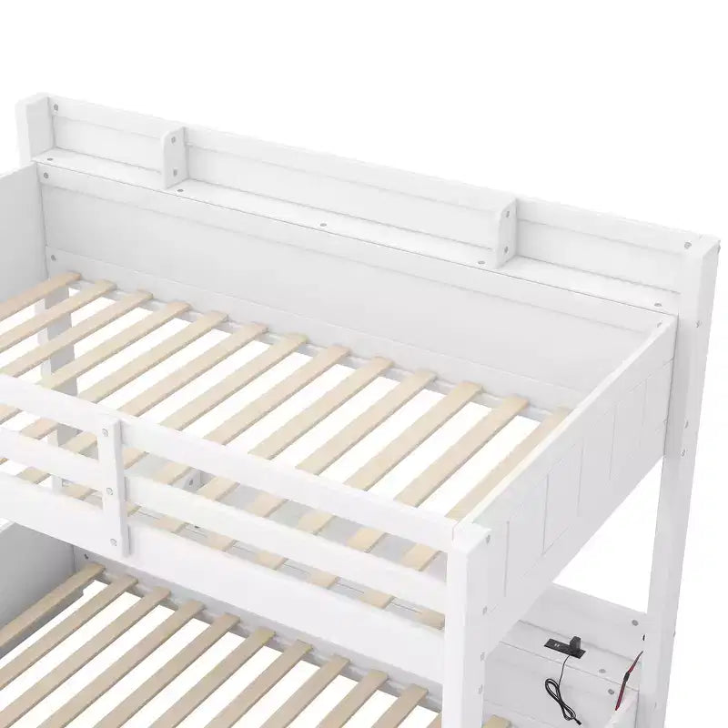 Lit superposé double sur toute la longueur avec rangement, lumières LED et station de charge, lit superposé en bois avec étagères latérales pour enfants et adolescents