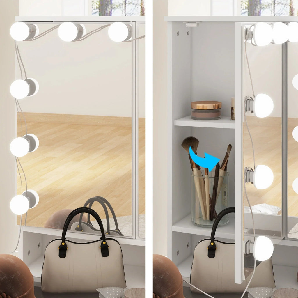 Coiffeuse avec miroir triptyque éclairage certifié et plateau en verre