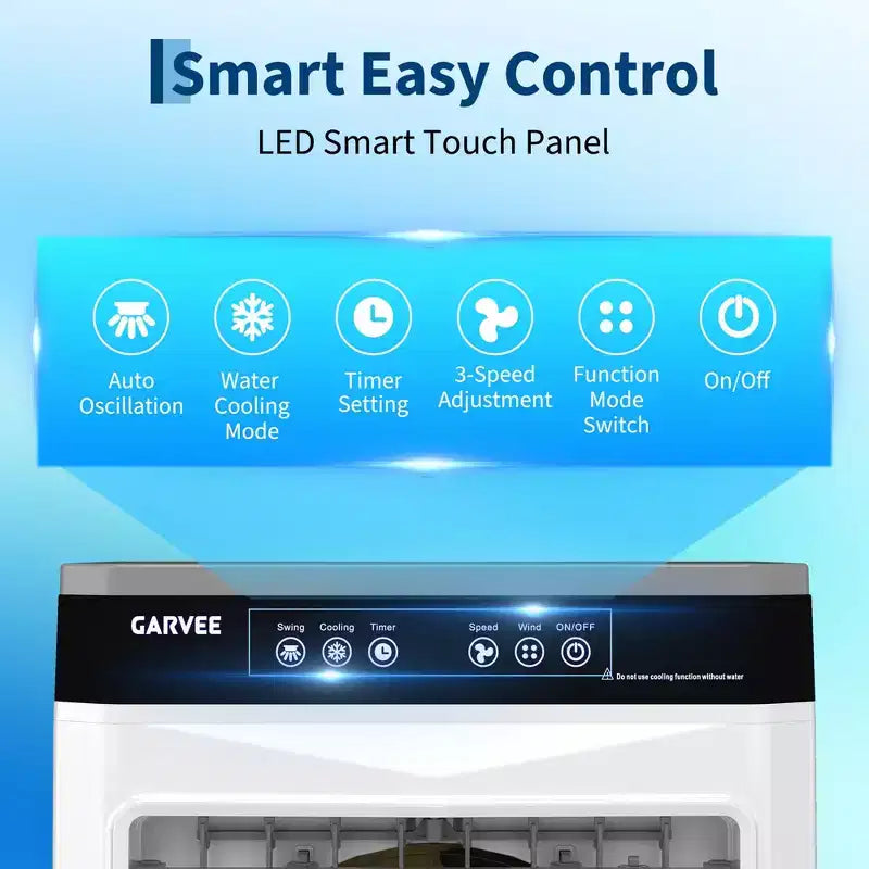 Refroidisseur d'air évaporatif avec réservoir d'eau, 4 pains de glace, 3 vitesses, oscillation à 120°, télécommande et minuterie 12h, 150W Portable sur pied