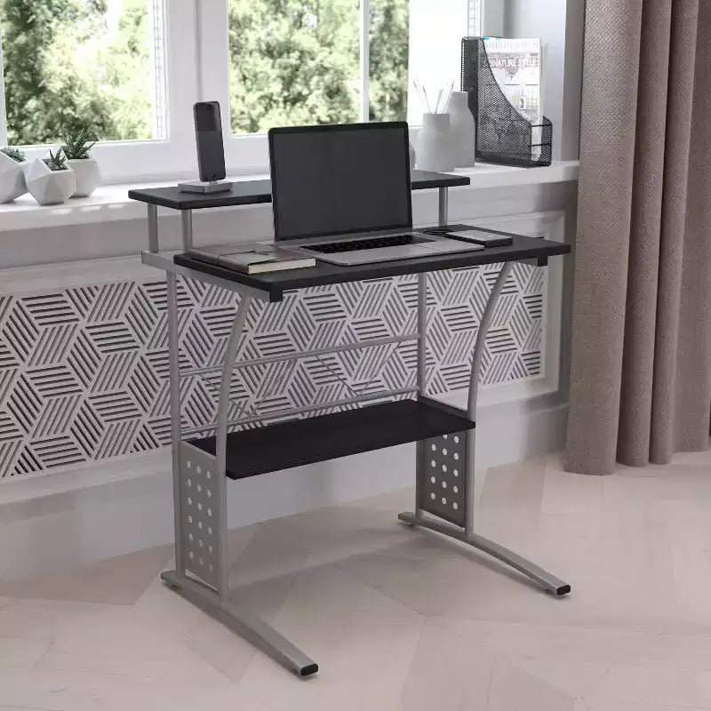 28" Computer Desk with Top and Lower Storage Shelves - Perforated Steel Frame, 110 lb Capacity
