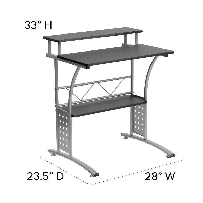 28" Computer Desk with Top and Lower Storage Shelves - Perforated Steel Frame, 110 lb Capacity