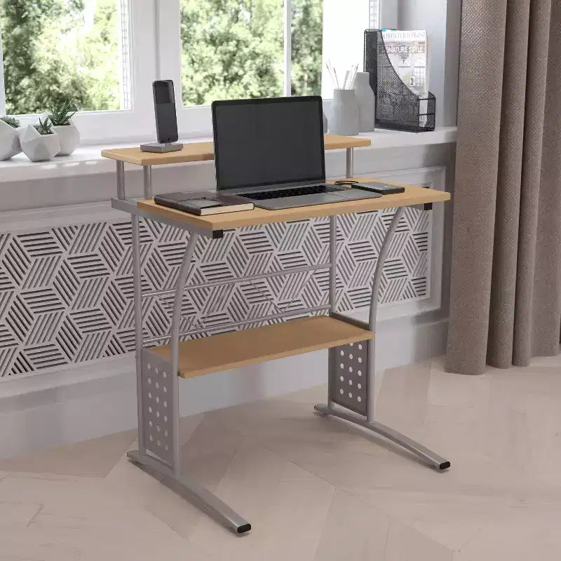 28" Computer Desk with Top and Lower Storage Shelves - Perforated Steel Frame, 110 lb Capacity