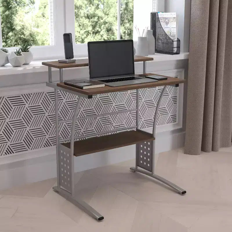 28" Computer Desk with Top and Lower Storage Shelves - Perforated Steel Frame, 110 lb Capacity