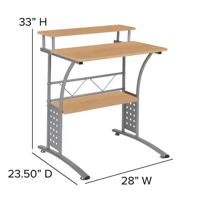 28" Computer Desk with Top and Lower Storage Shelves - Perforated Steel Frame, 110 lb Capacity