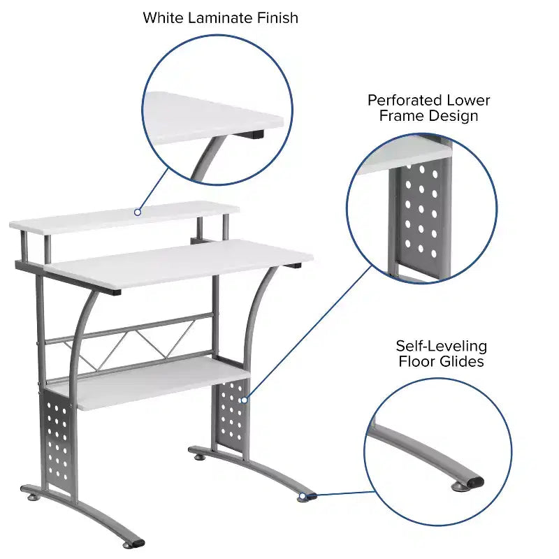 28" Computer Desk with Top and Lower Storage Shelves - Perforated Steel Frame, 110 lb Capacity