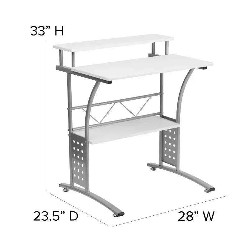 28" Computer Desk with Top and Lower Storage Shelves - Perforated Steel Frame, 110 lb Capacity