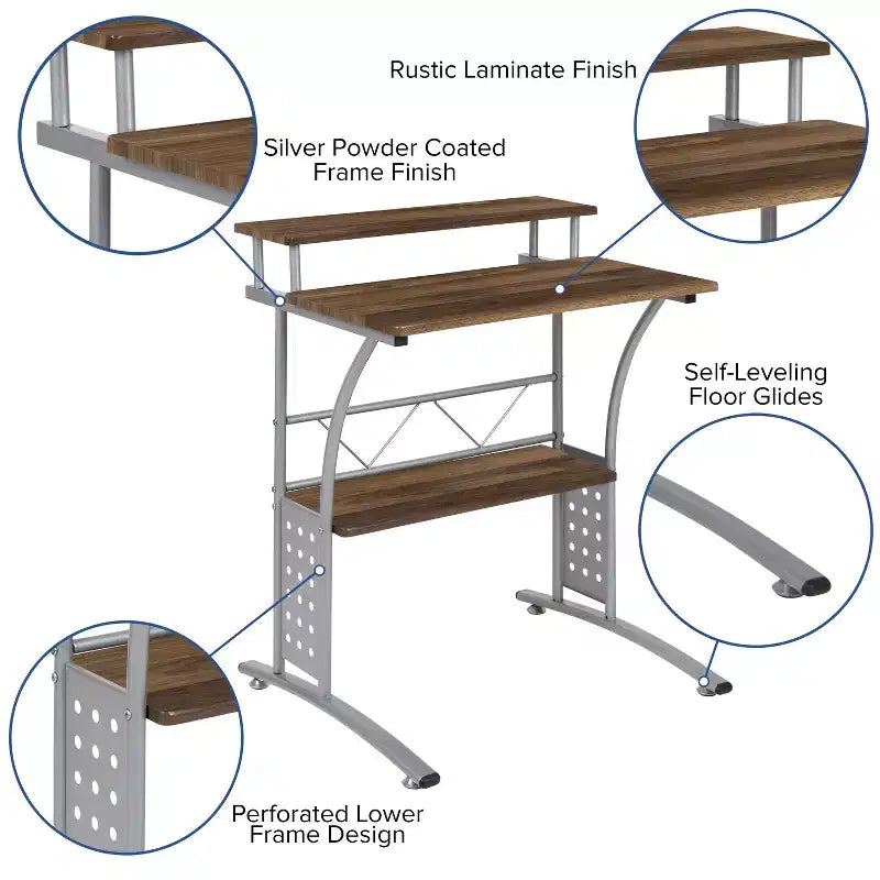28" Computer Desk with Top and Lower Storage Shelves - Perforated Steel Frame, 110 lb Capacity