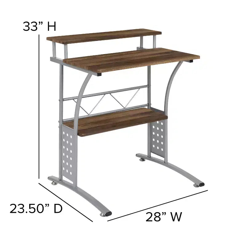 28" Computer Desk with Top and Lower Storage Shelves - Perforated Steel Frame, 110 lb Capacity