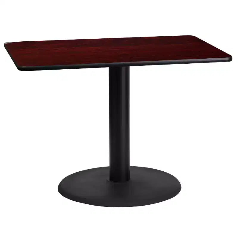 24" x 42" Rectangular Laminate Dining Table with 24" Round Cast Iron Base - Reversible Black/Mahogany Top