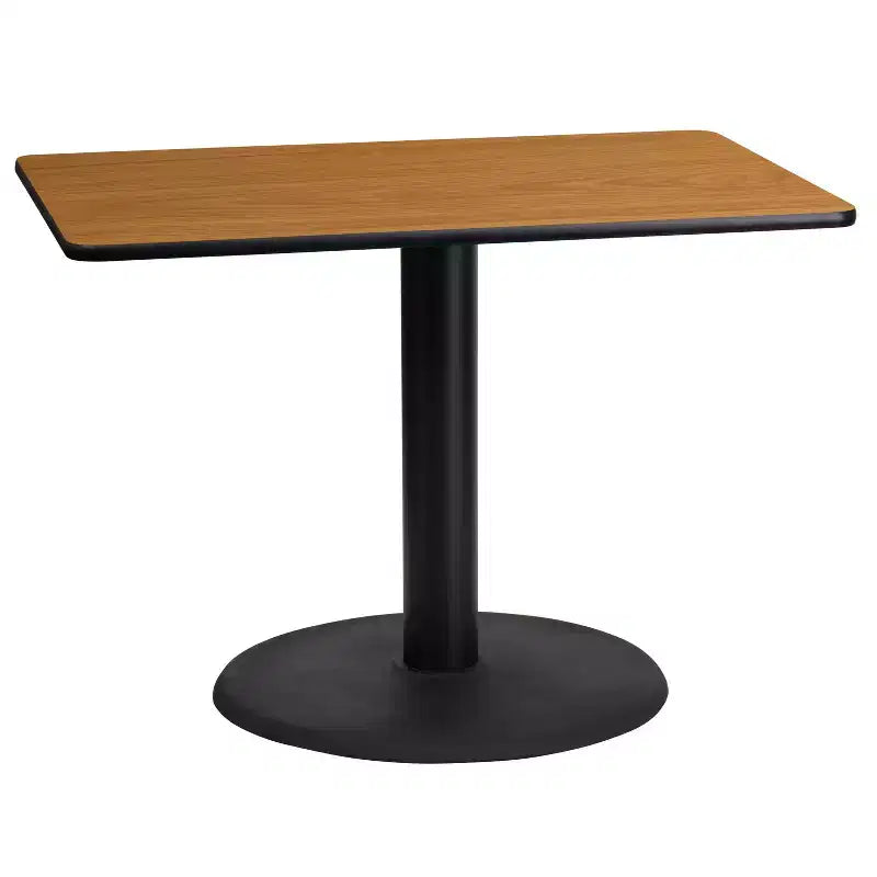 24" x 42" Rectangular Laminate Dining Table with 24" Round Cast Iron Base - Reversible Black/Mahogany Top