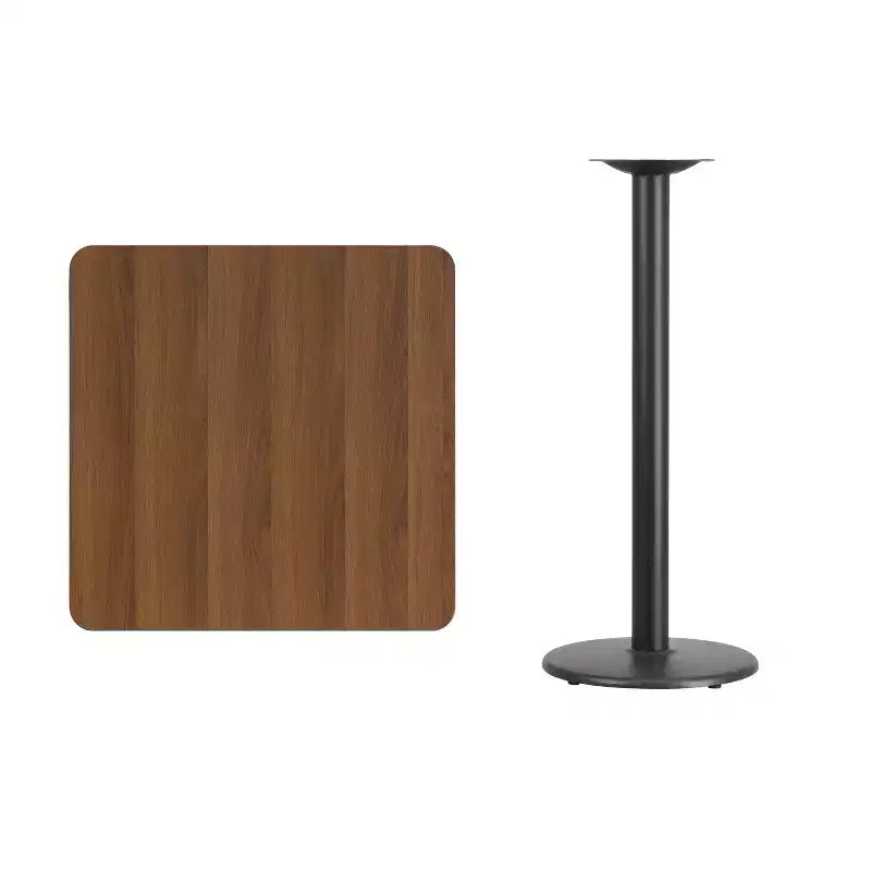 30" Square Laminate Bar Height Table with 18" Round Cast Iron Base - Reversible Black/Mahogany Top