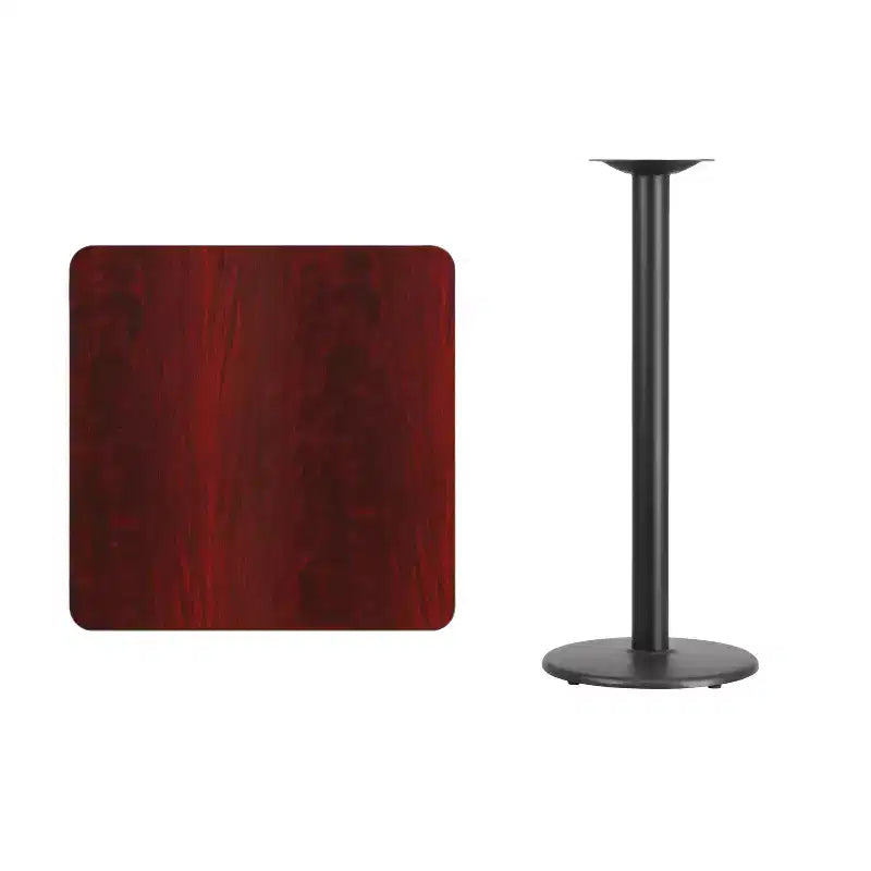 30" Square Laminate Bar Height Table with 18" Round Cast Iron Base - Reversible Black/Mahogany Top