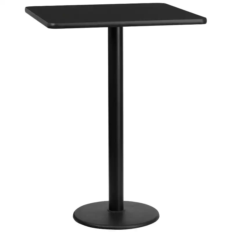 30" Square Laminate Bar Height Table with 18" Round Cast Iron Base - Reversible Black/Mahogany Top