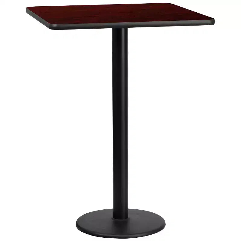 30" Square Laminate Bar Height Table with 18" Round Cast Iron Base - Reversible Black/Mahogany Top