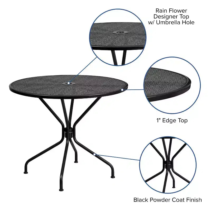 Table de terrasse en acier Emma et Oliver de 35,25 po de diamètre de qualité commerciale pour l'intérieur et l'extérieur – Trou pour parasol