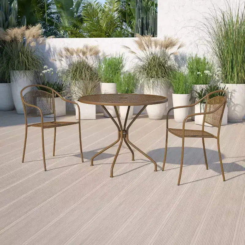 Table de terrasse en acier Emma et Oliver de 35,25 po de diamètre de qualité commerciale pour l'intérieur et l'extérieur – Trou pour parasol