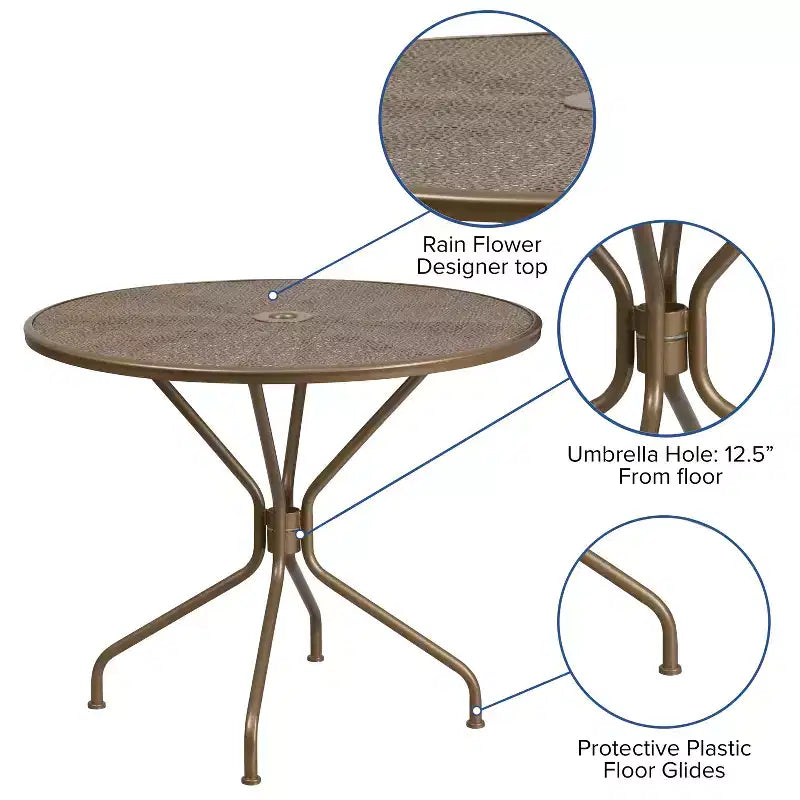 Table de terrasse en acier Emma et Oliver de 35,25 po de diamètre de qualité commerciale pour l'intérieur et l'extérieur – Trou pour parasol