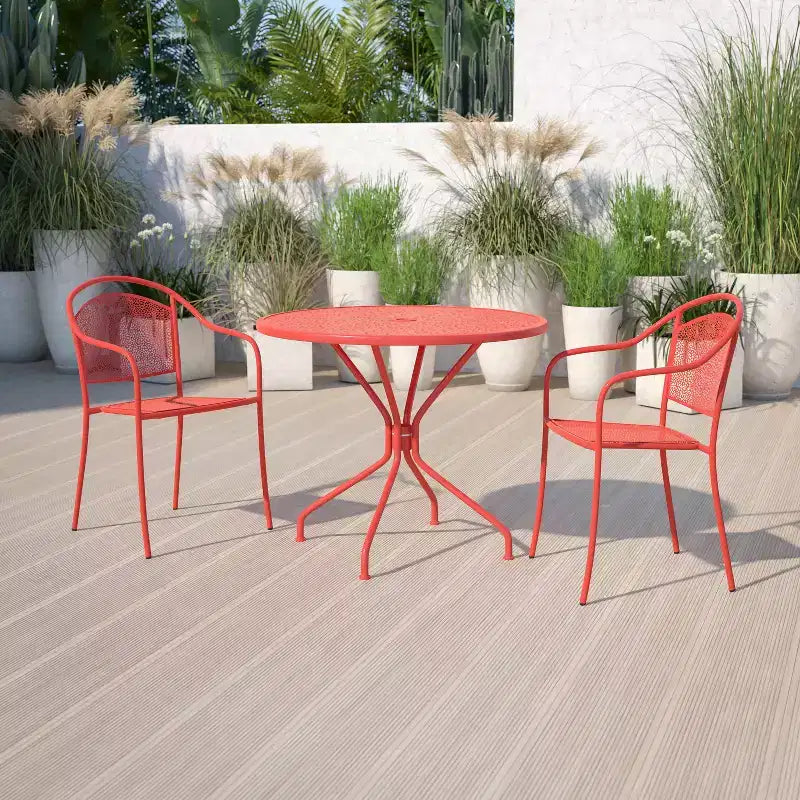 Table de terrasse en acier Emma et Oliver de 35,25 po de diamètre de qualité commerciale pour l'intérieur et l'extérieur – Trou pour parasol