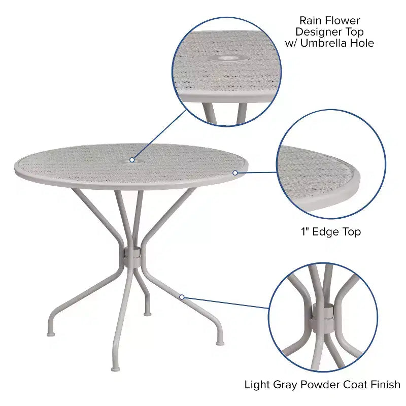 Table de terrasse en acier Emma et Oliver de 35,25 po de diamètre de qualité commerciale pour l'intérieur et l'extérieur – Trou pour parasol