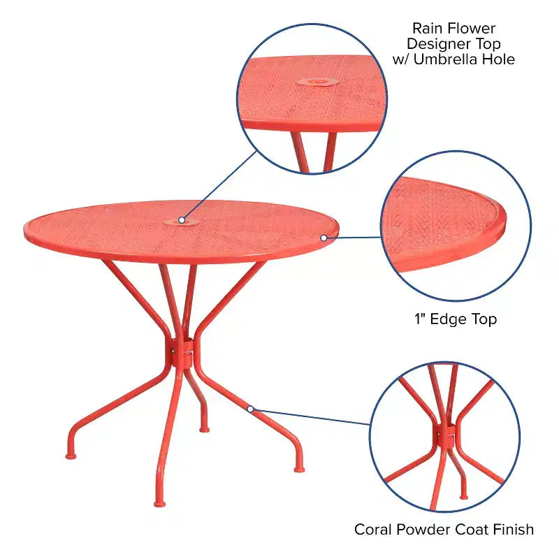 Table de terrasse en acier Emma et Oliver de 35,25 po de diamètre de qualité commerciale pour l'intérieur et l'extérieur – Trou pour parasol