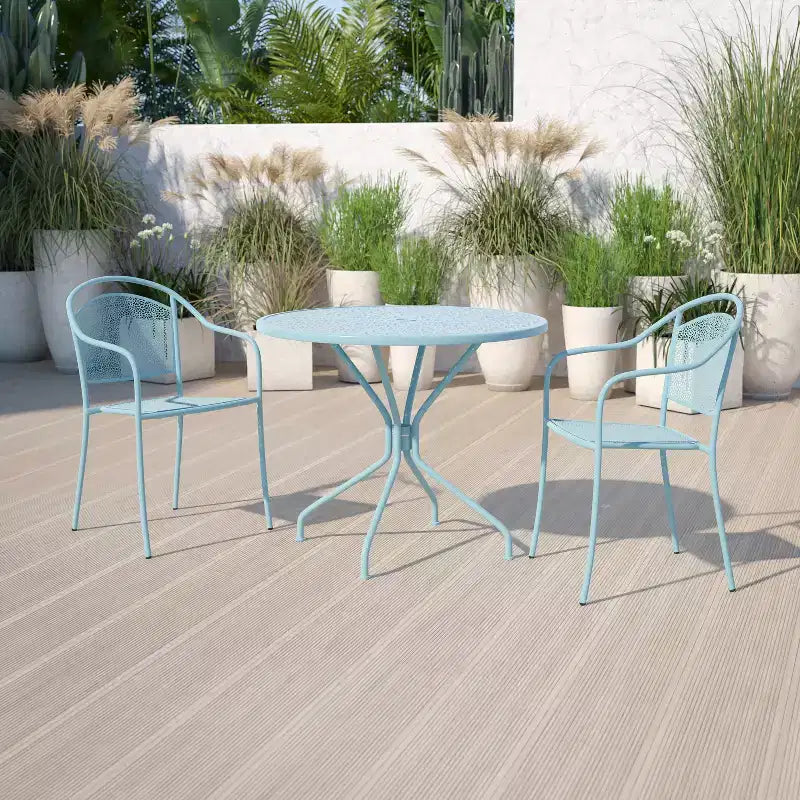 Table de terrasse en acier Emma et Oliver de 35,25 po de diamètre de qualité commerciale pour l'intérieur et l'extérieur – Trou pour parasol
