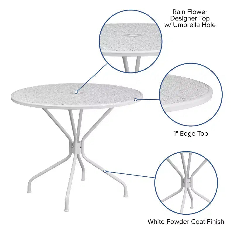 Table de terrasse en acier Emma et Oliver de 35,25 po de diamètre de qualité commerciale pour l'intérieur et l'extérieur – Trou pour parasol