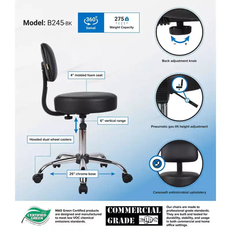 Medical Stool with Back Cushion and Adjustable Height - 275 lb Capacity