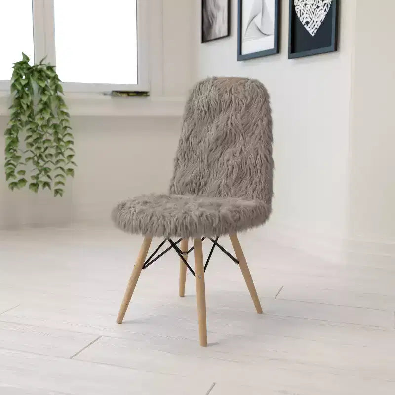 Shaggy Faux Fur Accent Chair with Beechwood Base - Retro Contemporary Style