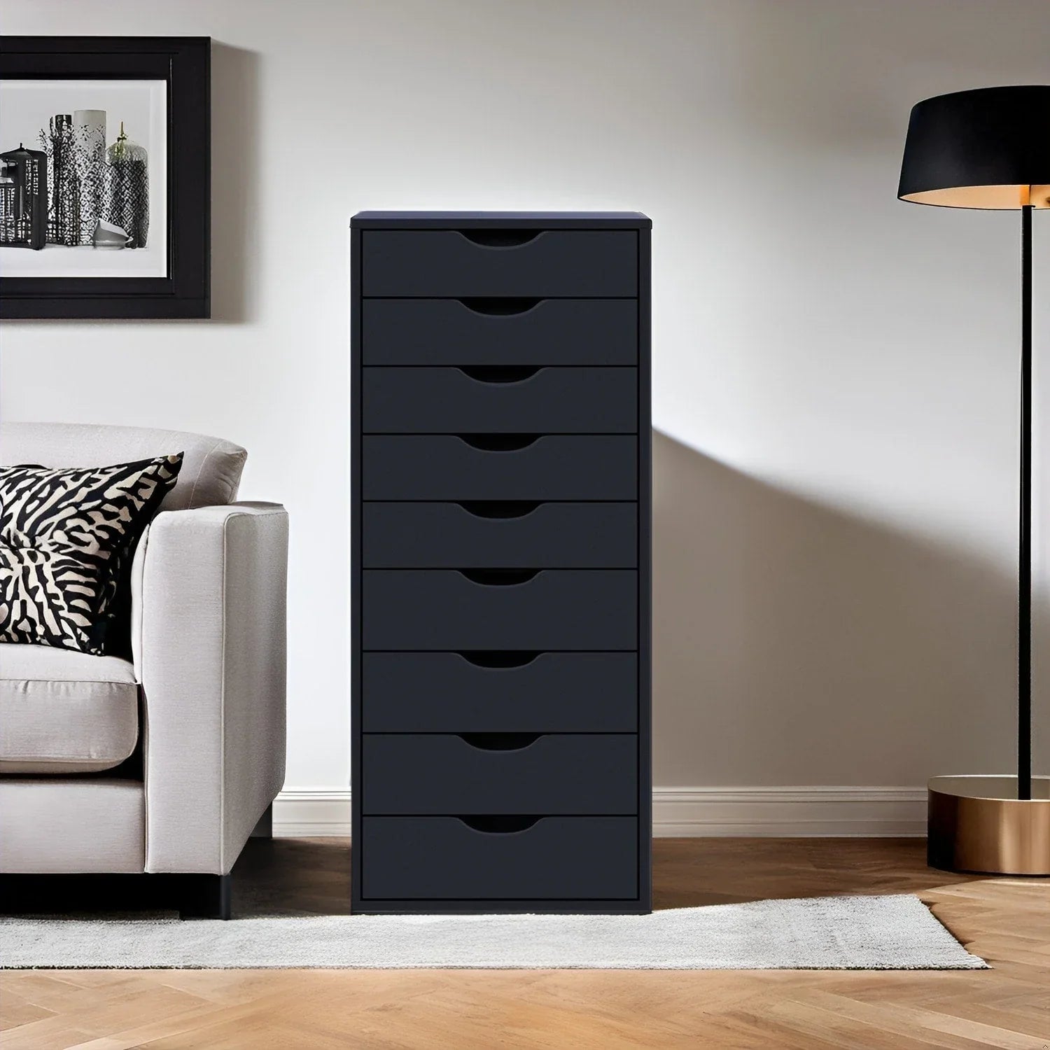 Étroite commode en bois à 9 tiroirs coulissants et étagère de rangement supérieure