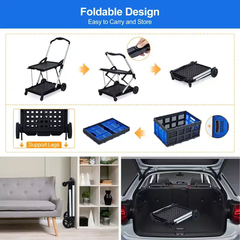 Chariots de courses pliants à 2 niveaux pour l'épicerie, capacité de 90 kg, chariot d'épicerie pliable portable avec roues et caisse amovible pour centre commercial, bleu