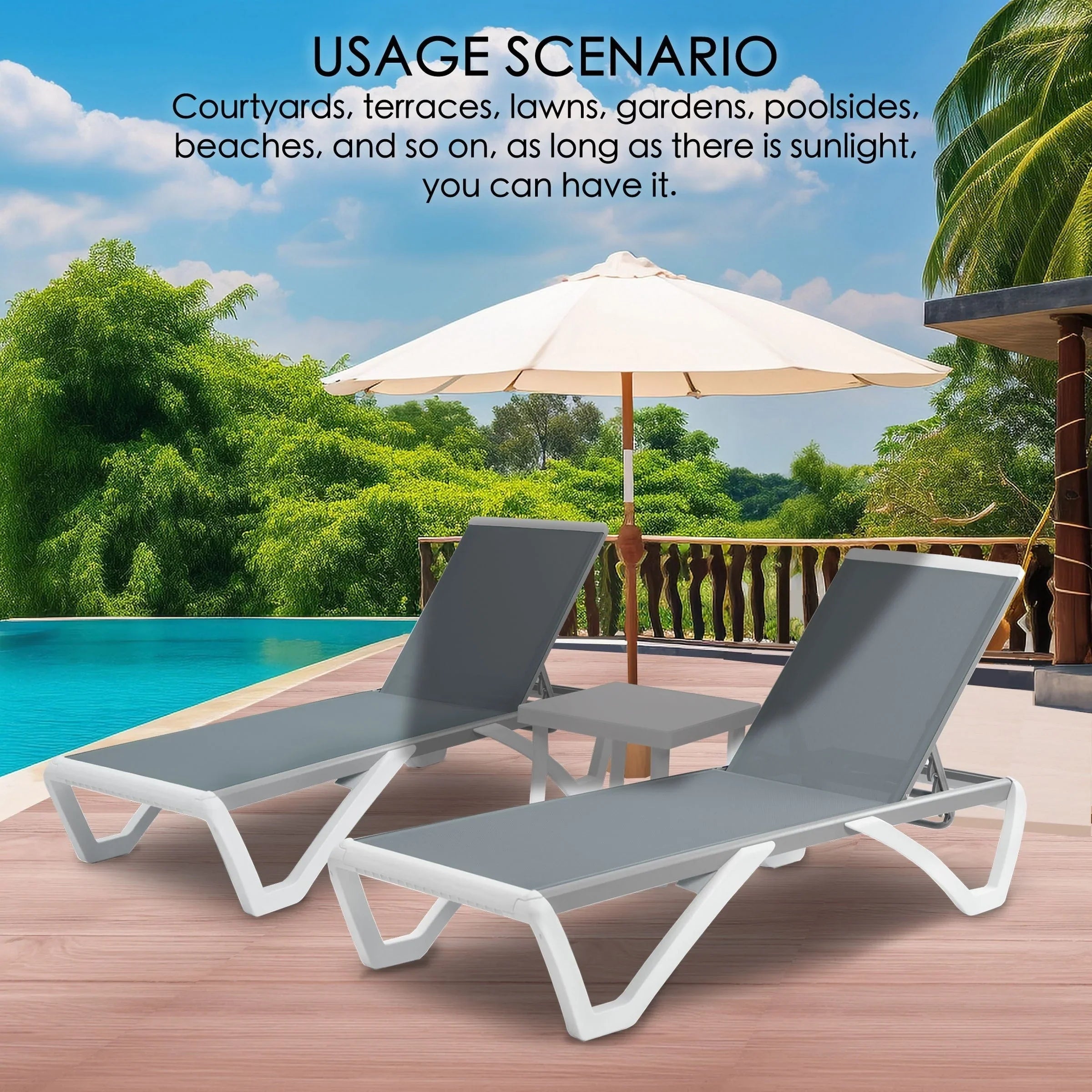 Kozyard Alan Chaise longue de patio inclinable et réglable, entièrement plate, en aluminium et résine de polypropylène