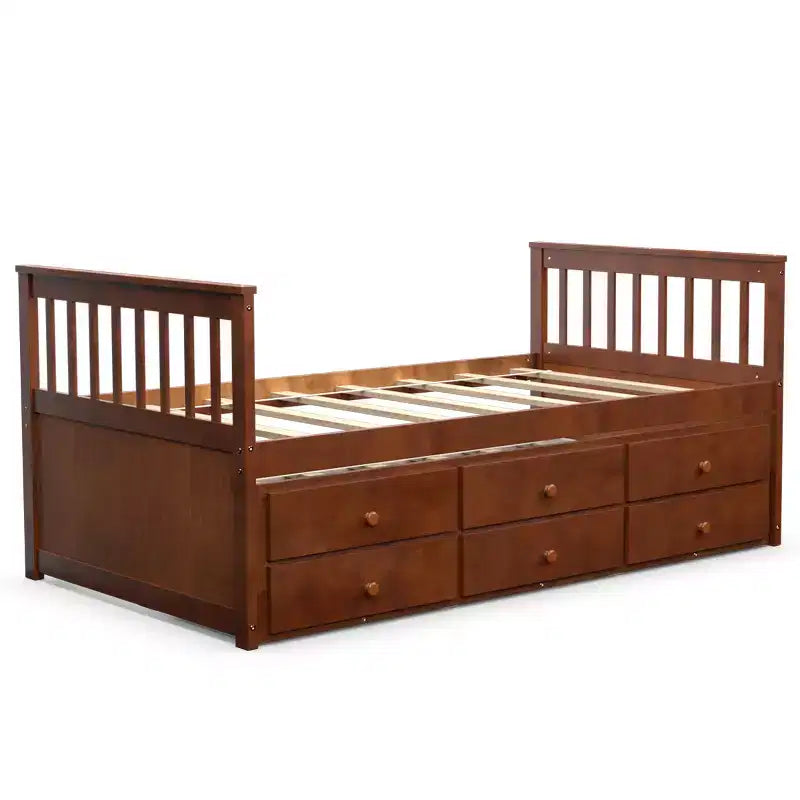 Twin Captain's Bed with Trundle and 3 Drawers for Kids - Solid Pine, Multiple Colors