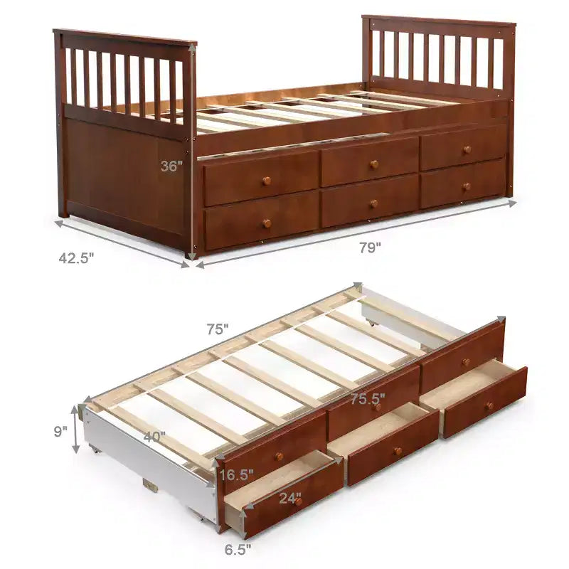 Twin Captain's Bed with Trundle and 3 Drawers for Kids - Solid Pine, Multiple Colors