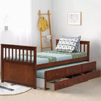 Twin Captain's Bed with Trundle and 3 Drawers for Kids - Solid Pine, Multiple Colors