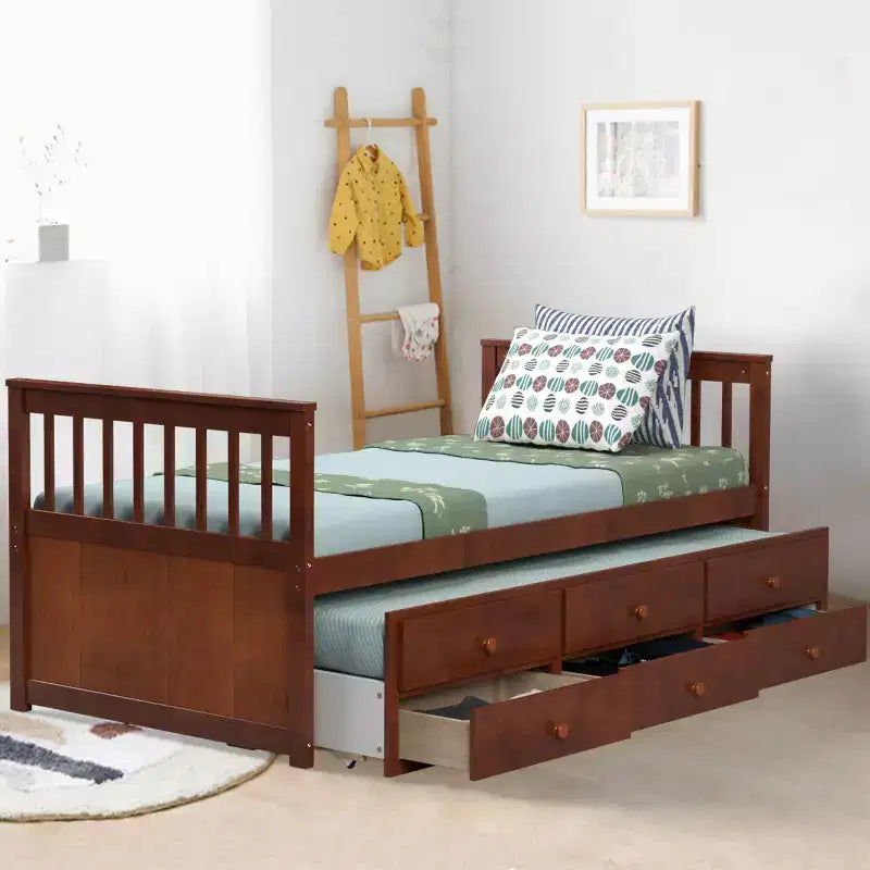 Twin Captain's Bed with Trundle and 3 Drawers for Kids - Solid Pine, Multiple Colors