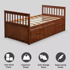 Twin Captain's Bed with Trundle and 3 Drawers for Kids - Solid Pine, Multiple Colors
