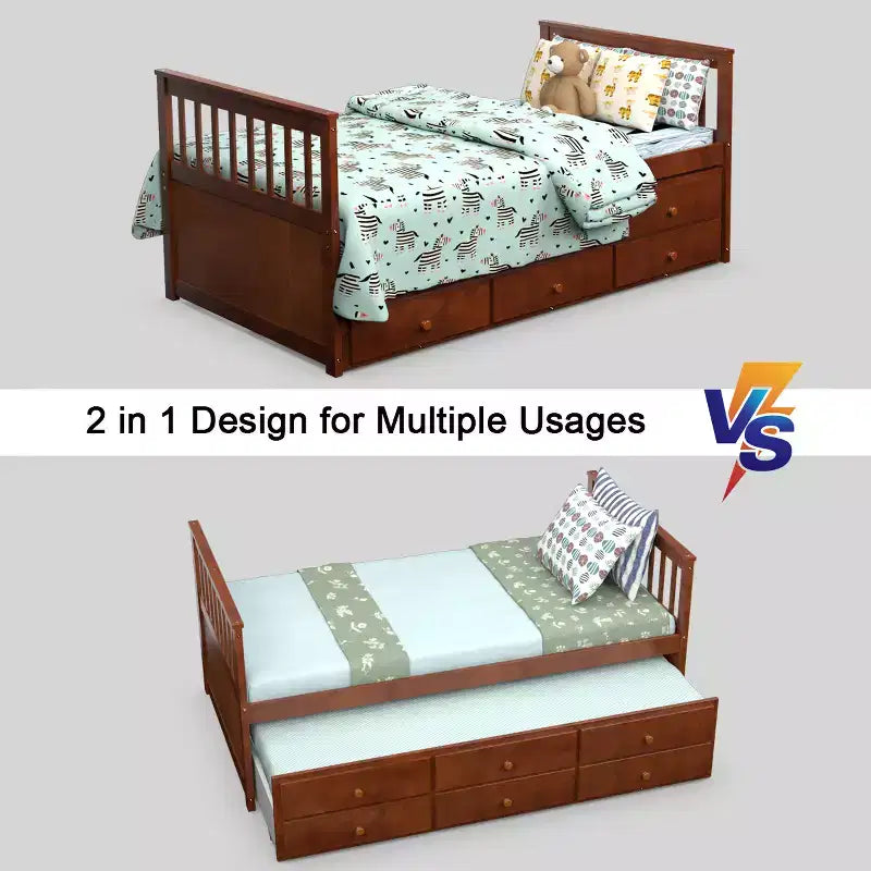 Twin Captain's Bed with Trundle and 3 Drawers for Kids - Solid Pine, Multiple Colors