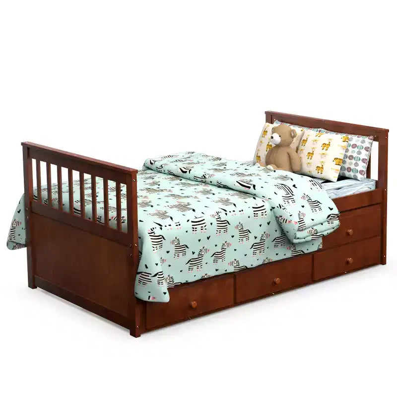 Twin Captain's Bed with Trundle and 3 Drawers for Kids - Solid Pine, Multiple Colors