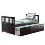 Twin Captain's Bed with Trundle and 3 Drawers for Kids - Solid Pine, Multiple Colors