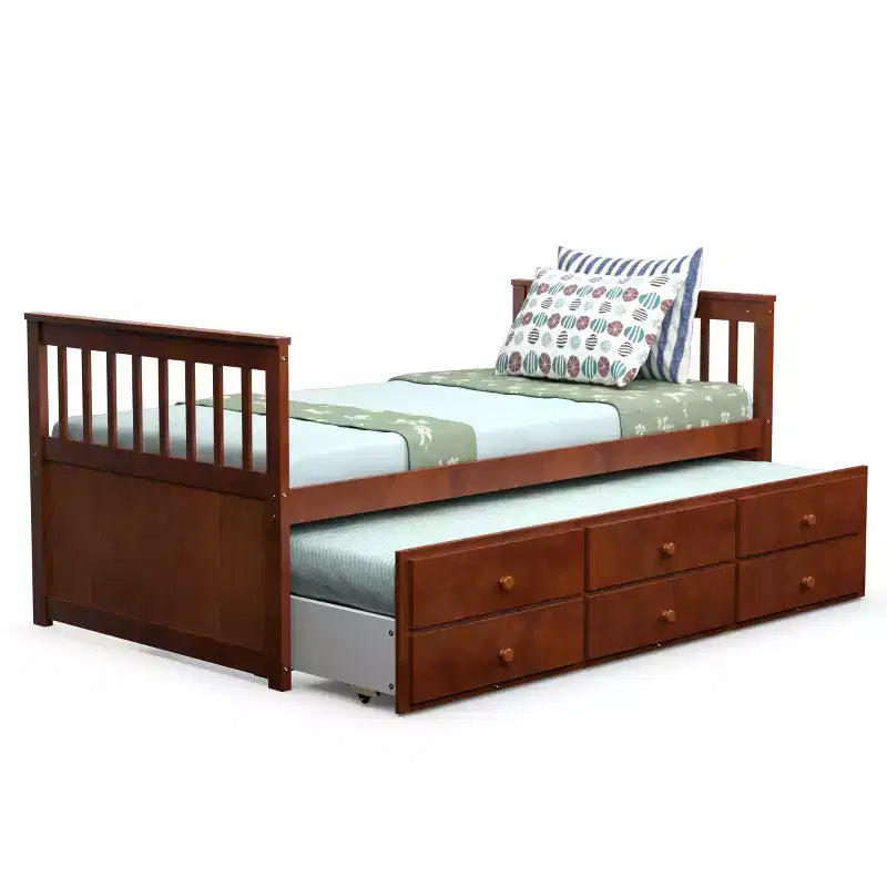 Twin Captain's Bed with Trundle and 3 Drawers for Kids - Solid Pine, Multiple Colors