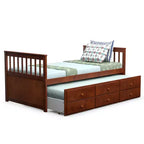 Twin Captain's Bed with Trundle and 3 Drawers for Kids - Solid Pine, Multiple Colors