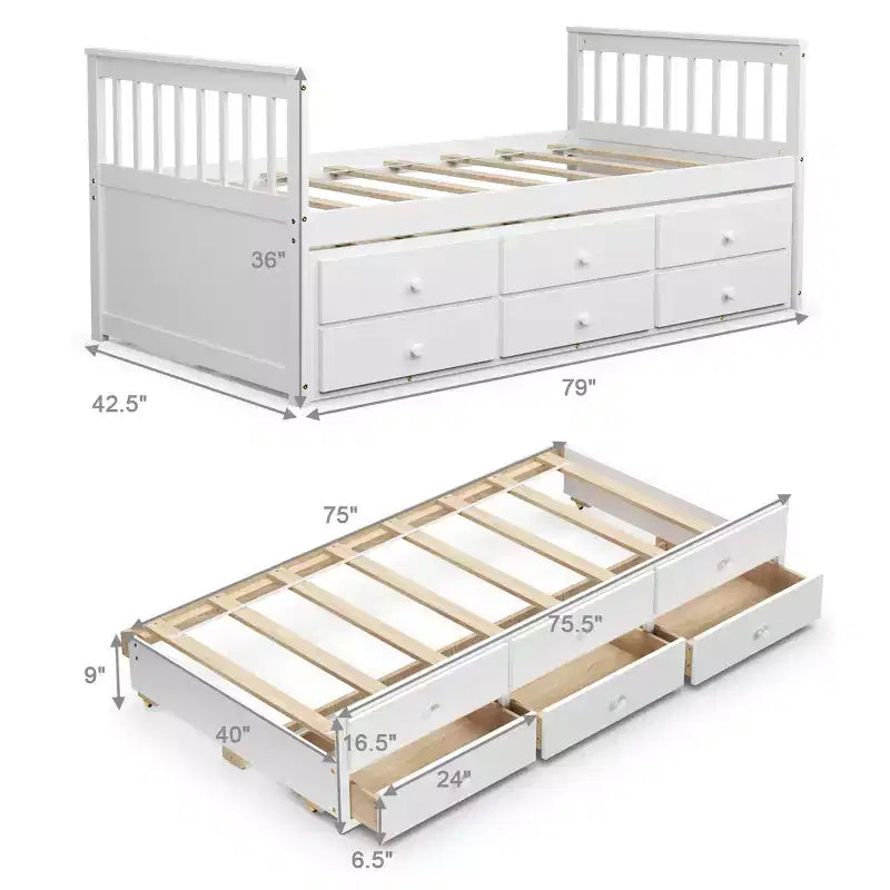 Twin Captain's Bed with Trundle and 3 Drawers for Kids - Solid Pine, Multiple Colors