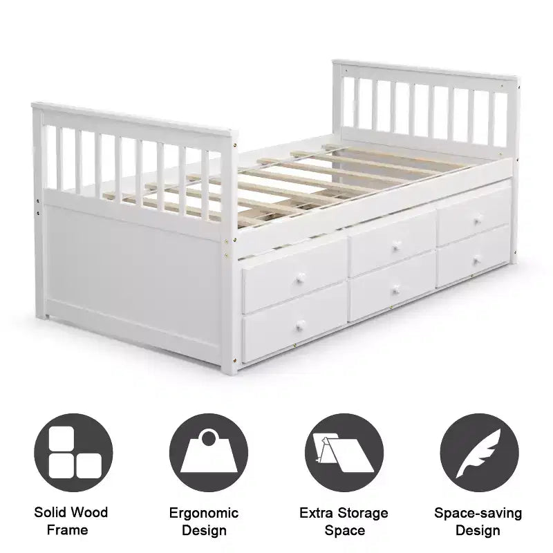 Twin Captain's Bed with Trundle and 3 Drawers for Kids - Solid Pine, Multiple Colors