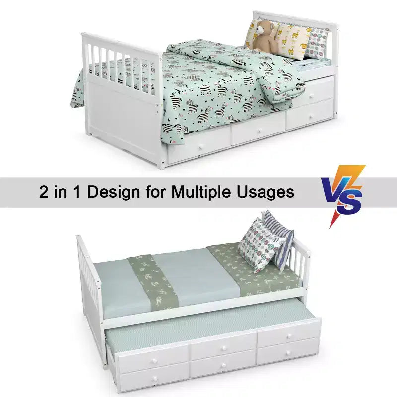 Twin Captain's Bed with Trundle and 3 Drawers for Kids - Solid Pine, Multiple Colors