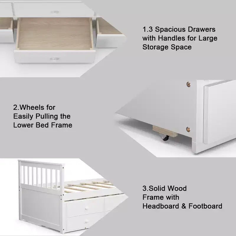 Twin Captain's Bed with Trundle and 3 Drawers for Kids - Solid Pine, Multiple Colors