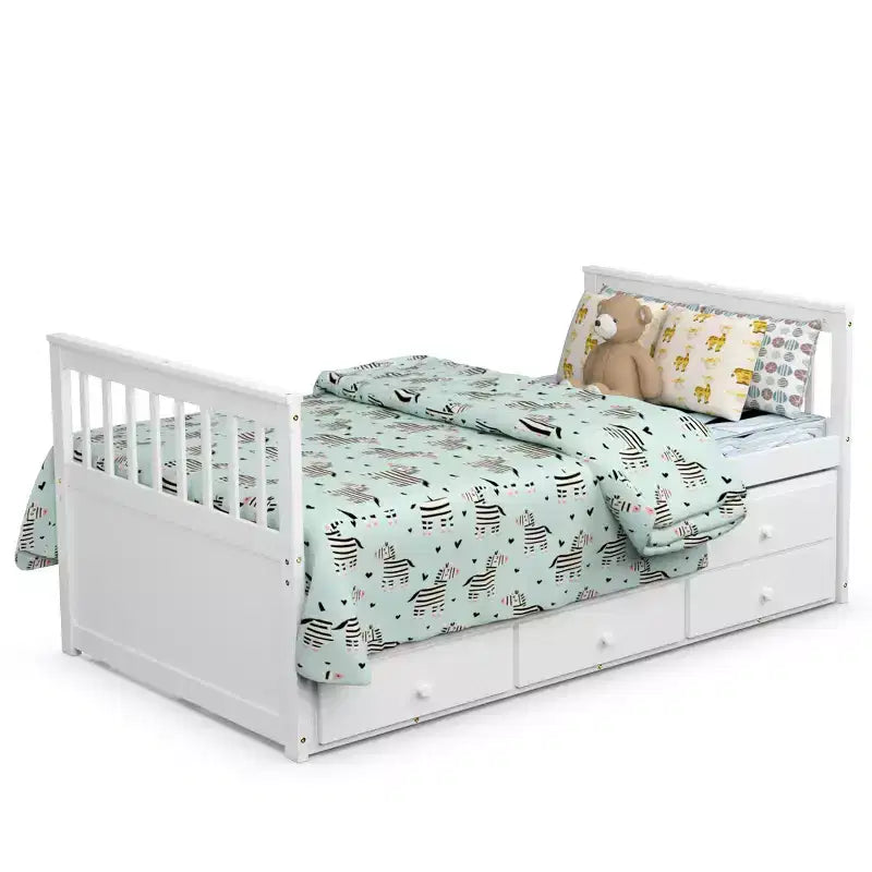 Twin Captain's Bed with Trundle and 3 Drawers for Kids - Solid Pine, Multiple Colors