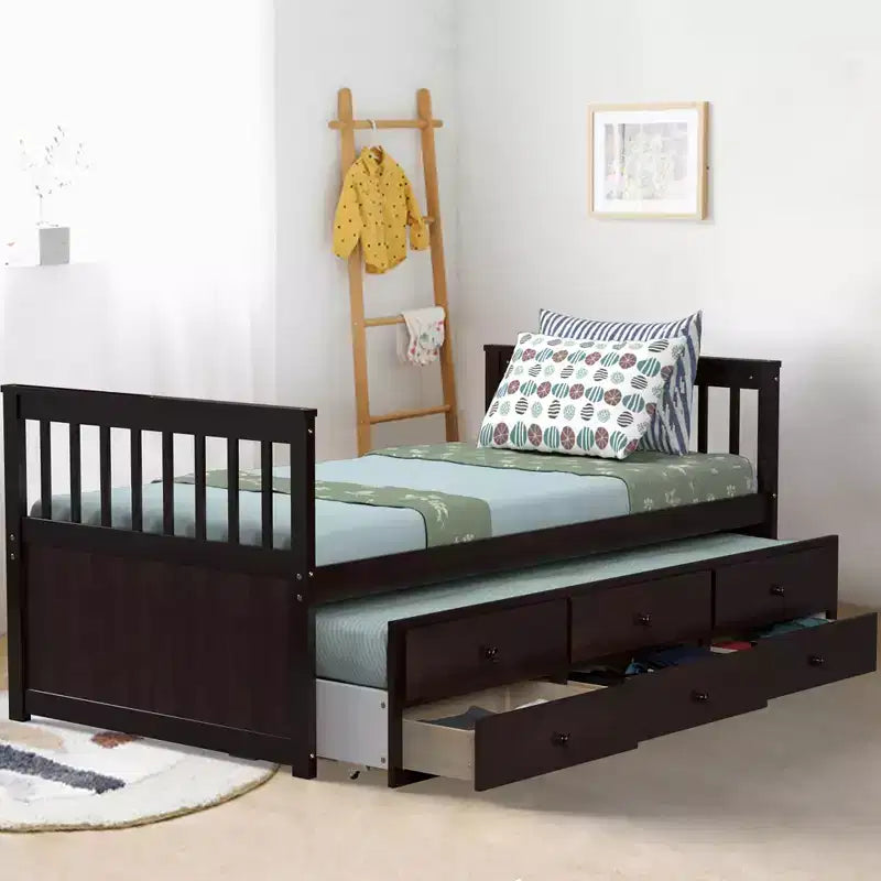 Twin Captain's Bed with Trundle and 3 Drawers for Kids - Solid Pine, Multiple Colors