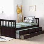 Twin Captain's Bed with Trundle and 3 Drawers for Kids - Solid Pine, Multiple Colors