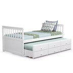 Twin Captain's Bed with Trundle and 3 Drawers for Kids - Solid Pine, Multiple Colors